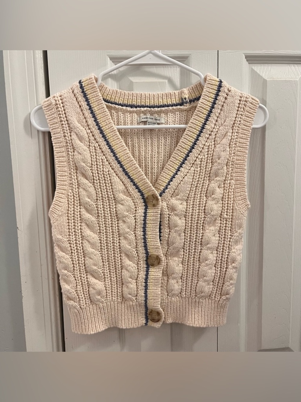 American Eagle Knit Cable V-Neck Button Front Sweater Vest - Cream